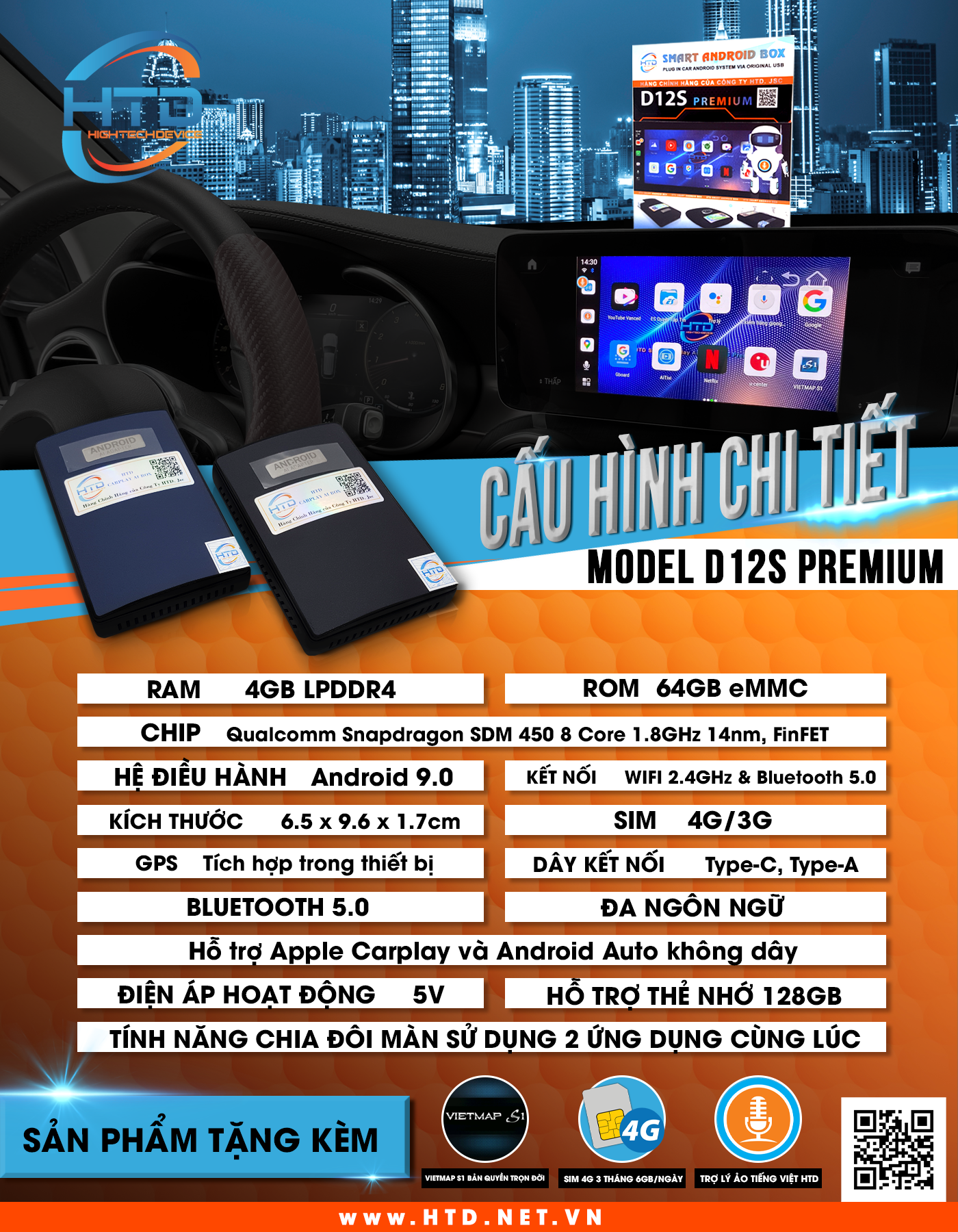 Htd Smart Carplay Ai Box D12s Premium – Cpu Snapdragon 8 Core - Tặng Vietmap S1 + Sim 4g 3 Tháng (Ảnh 2)