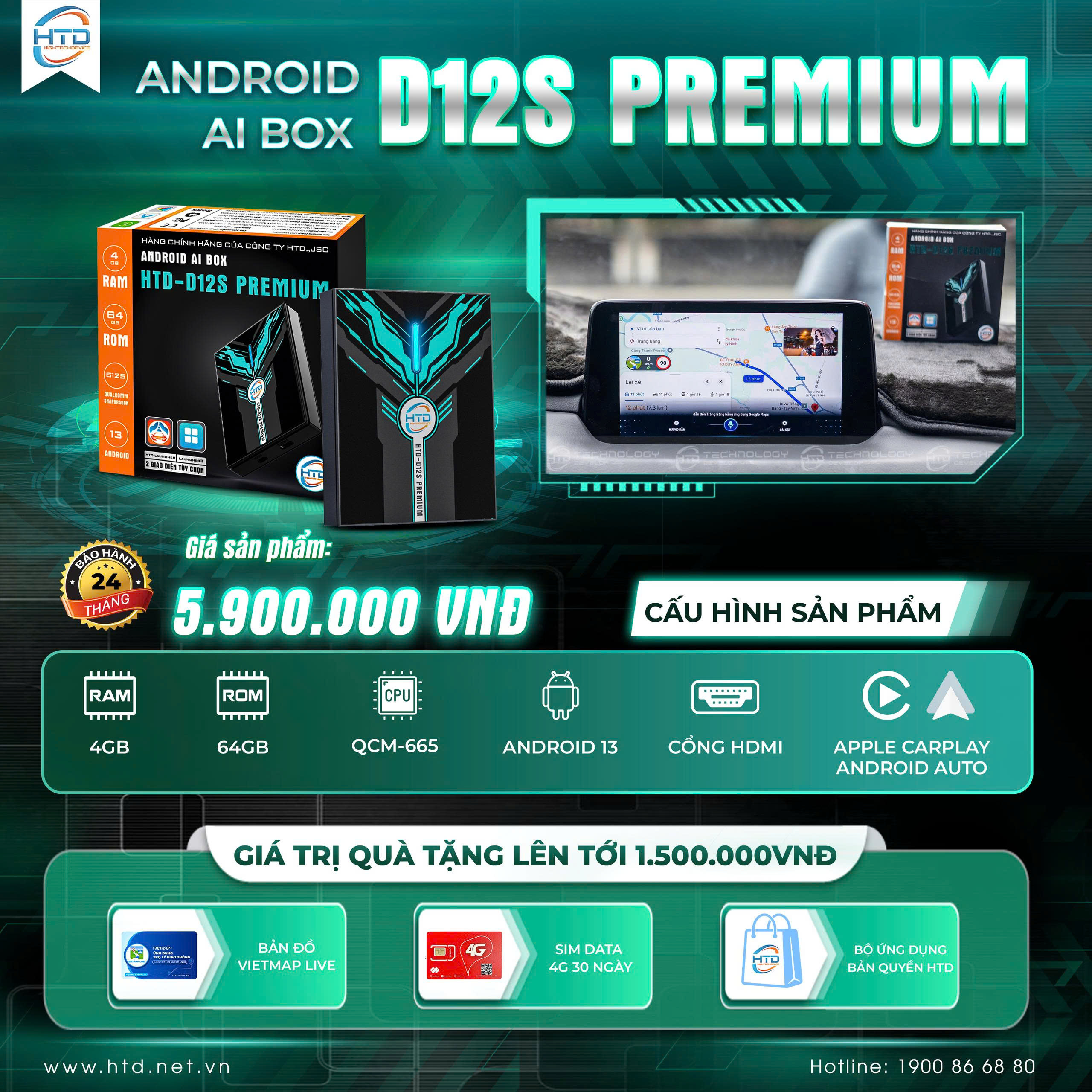 HTD ANDROID BOX CHO Ô TÔ D12S PREMIUM