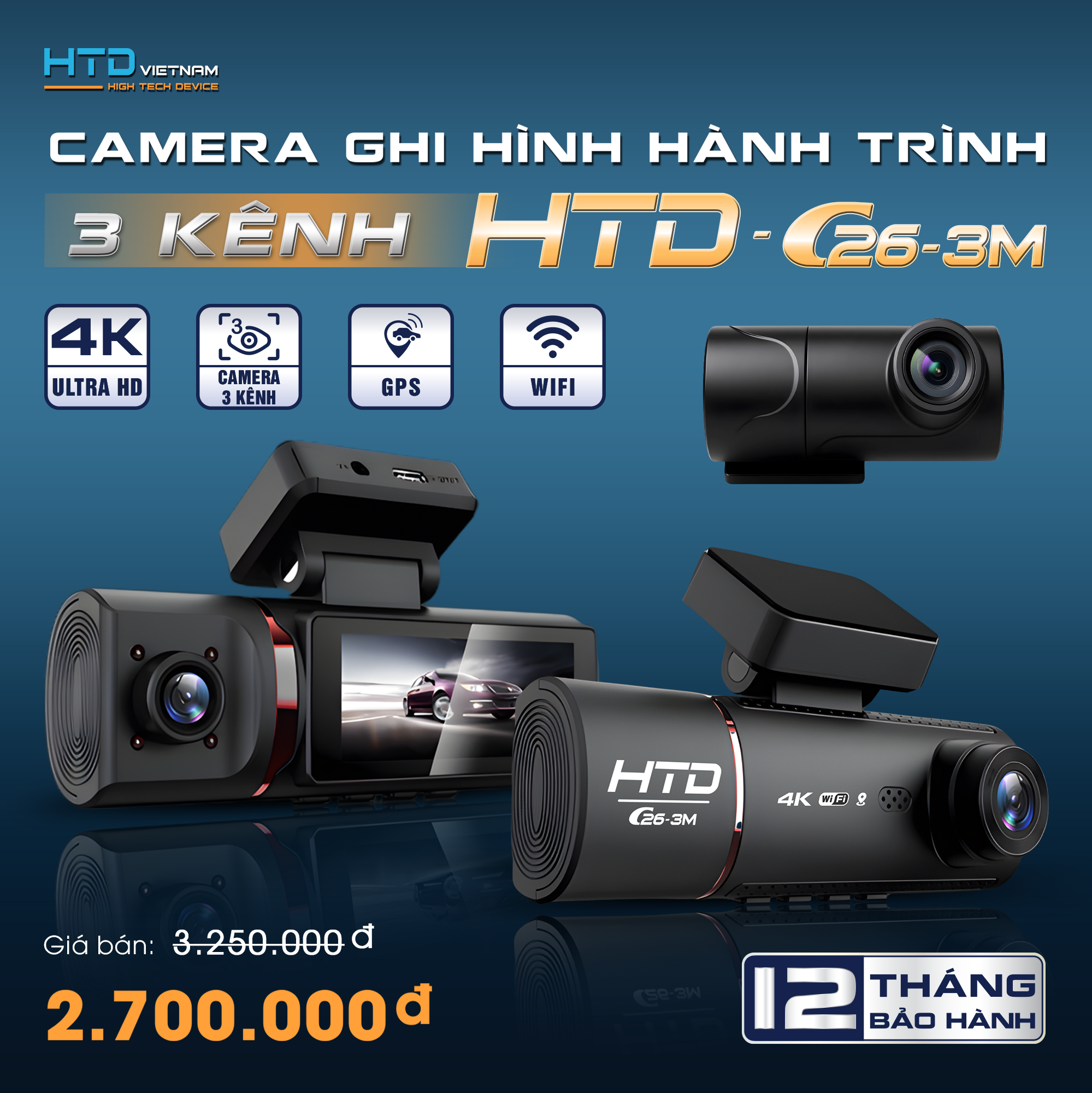 Camera hành trình C26-3M ghi hình 3 mắt: Trước – Trong – Sau, giám sát toàn diện
