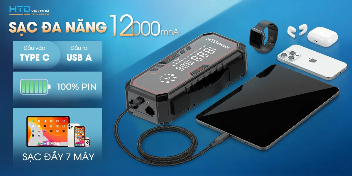 Bơm điện cầm tay kích bình ôtô PK026 có khả năng sạc điện thoại