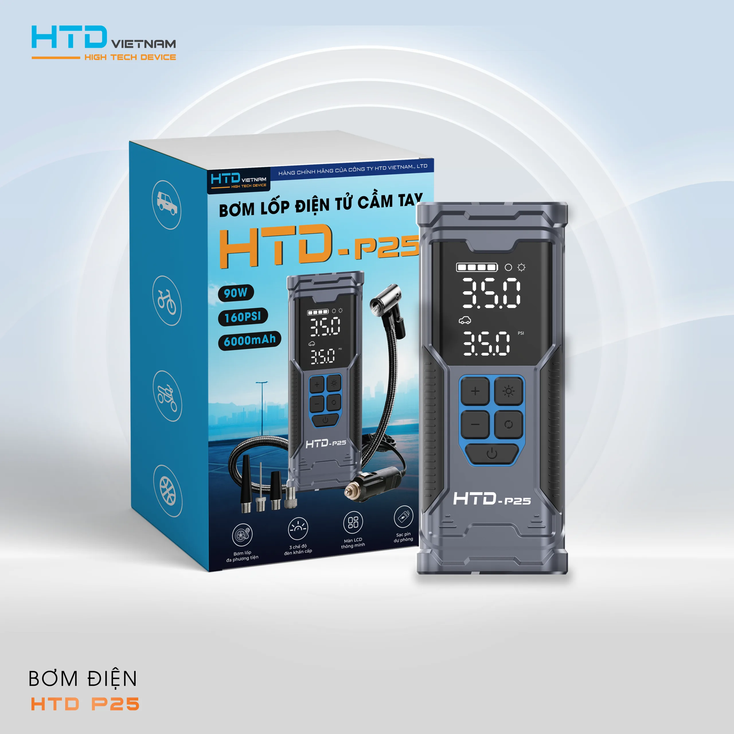Bơm điện mini P25 vừa bơm xe vừa sạc điện thoại