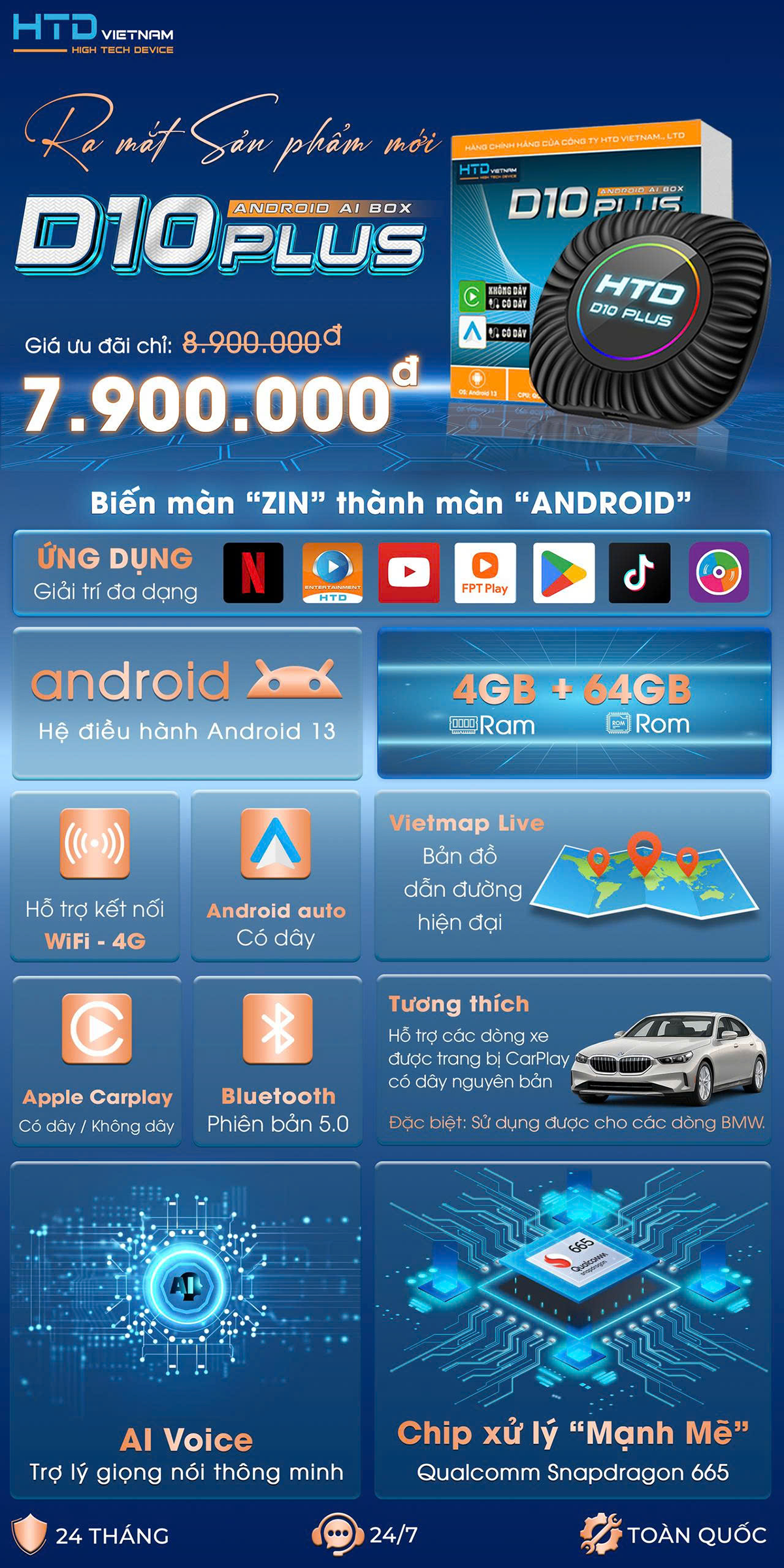 Android Box D10 Plus Kết Nối Apple Carplay Không Dây, Có Dây Và Android Auto Có Dây Mượt Mà