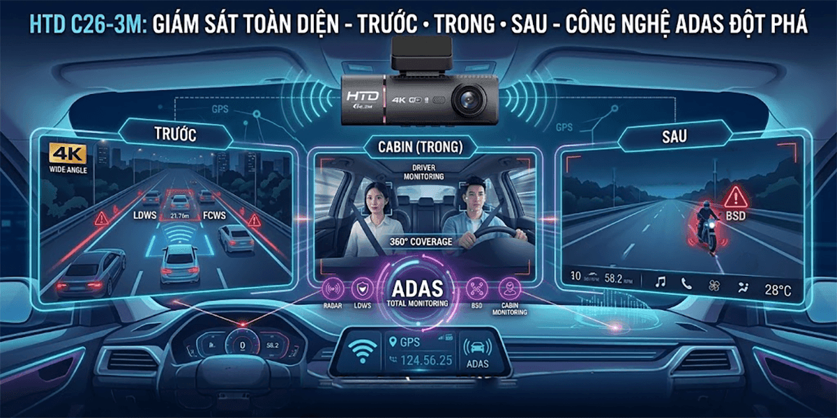 HTD C26-3M – Chip mạnh, GPS tích hợp, ghi hình 3 mắt ổn định