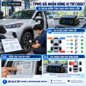 Kỹ thuật viên kiểm tra áp suất lốp và đối chiếu màn hình TPMS HTD để xác nhận đúng vị trí bốn bánh sau khi đảo lốp