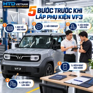 5 bước cần làm trước khi lắp phụ kiện HTD cho VinFast VF3 gồm đọc bảo hành, hỏi VinFast, xác nhận với HTD, lưu ảnh và kích hoạt bảo hành
