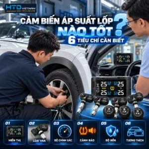 Kỹ thuật viên HTD kiểm tra cảm biến áp suất lốp ô tô với 6 tiêu chí gồm hiển thị, loại van, độ chính xác, cảnh báo, độ bền và tương thích