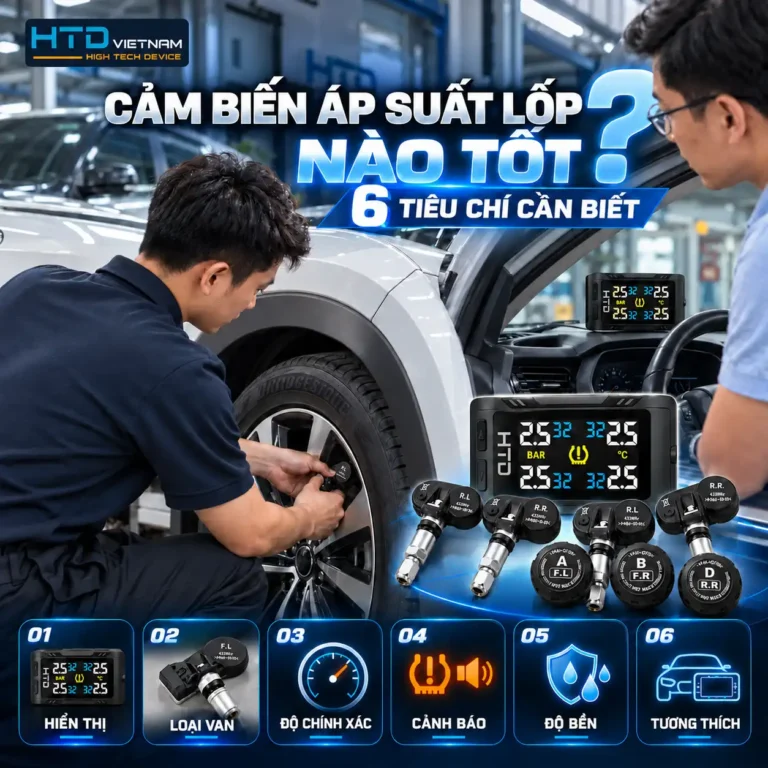 Kỹ thuật viên HTD kiểm tra cảm biến áp suất lốp ô tô với 6 tiêu chí gồm hiển thị, loại van, độ chính xác, cảnh báo, độ bền và tương thích