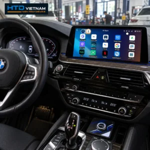 Android Box HTD D10 Pro kết nối BMW 520i, hiển thị giao diện ứng dụng Android trên màn hình iDrive nguyên bản