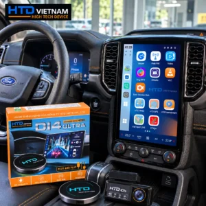 Android Box HTD D14 Ultra ADAS hiển thị giao diện HTD Launcher trên màn hình nguyên bản Ford Ranger 2025