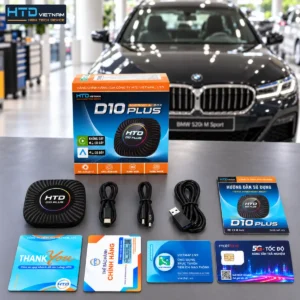 Bộ sản phẩm Android Box HTD D10 Plus gồm thiết bị, cáp kết nối và thẻ Vietmap