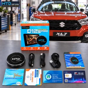 Bộ sản phẩm Android Box HTD D12S Pro gồm thiết bị, cáp kết nối và thẻ Vietmap