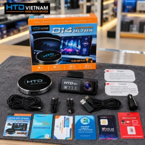 Bộ sản phẩm Android Box HTD D14 Ultra ADAS gồm thiết bị, camera 4K, cáp và thẻ Vietmap