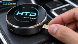 Kỹ thuật viên lắp thẻ Nano-SIM vào khe SIM trên Android Box HTD D12SE New trong ô tô.