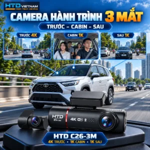 Camera hành trình 3 mắt HTD C26-3M minh họa ghi hình phía trước 4K, trong cabin 1K và phía sau xe 1K