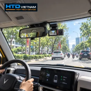 Camera hành trình HTD C26-3m lắp trên kính chắn gió VinFast VF3, ghi lại hành trình khi xe di chuyển trên đường phố