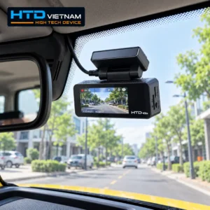 Camera hành trình HTD lắp trên kính chắn gió VinFast VF3, màn hình camera hiển thị hình ảnh con đường phía trước xe