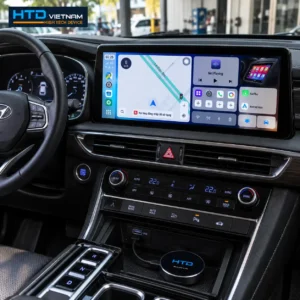 Giao diện HTD Launcher chia đôi màn hình trên màn zin Hyundai Santa Fe sau khi lắp Android Box D14 Ultra New