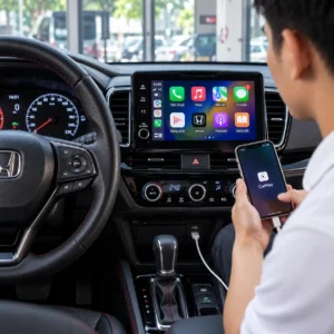Kỹ thuật viên HTD kiểm tra kết nối Apple CarPlay trên màn hình zin Honda City RS 2023 trước khi lựa chọn Android Box