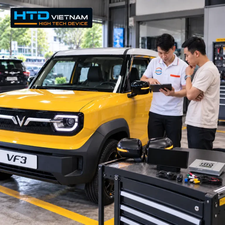Kỹ thuật viên HTD Việt Nam tư vấn lựa chọn phụ kiện nâng cấp VinFast VF3 màu vàng tại trung tâm lắp đặt chuyên nghiệp