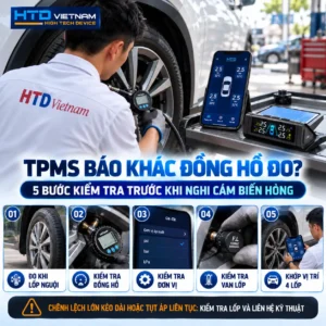 tpms báo sai áp suất: Kỹ thuật viên HTD kiểm tra áp suất lốp bằng đồng hồ đo và đối chiếu hệ thống TPMS theo 5 bước