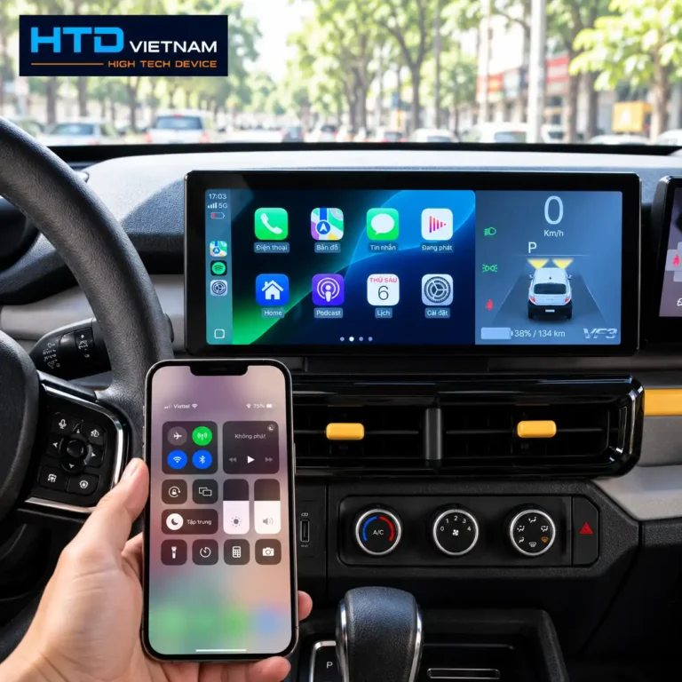 Menu kết nối điện thoại trên màn hình zin VinFast VF3 để kiểm tra CarPlay và Android Auto