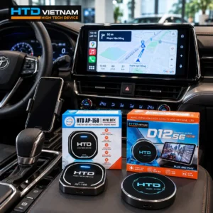 MiniBox HTD AP-168 và Android Box HTD D12SE New đặt trong nội thất ô tô với màn hình zin hiển thị bản đồ dẫn đường