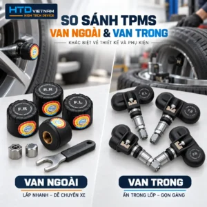 So sánh cảm biến TPMS van ngoài có đai ốc chống trộm và cảm biến van trong của HTD 