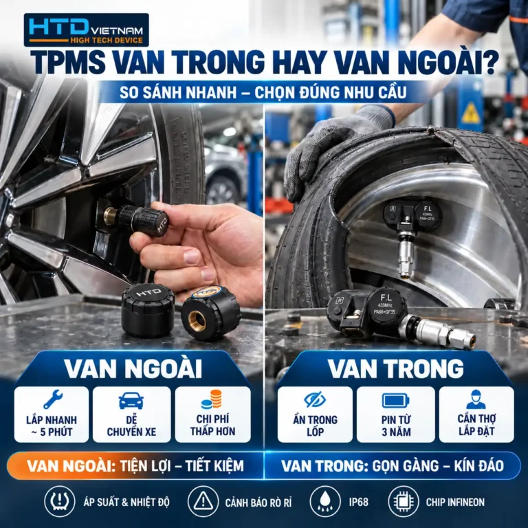 So sánh cảm biến áp suất lốp HTD Việt Nam loại van ngoài và van trong cùng phụ kiện đi kèm