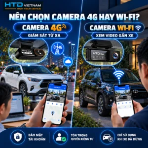 So sánh camera hành trình 4G giám sát xe từ xa và camera Wi-Fi HTD C20-2K ADAS xem video khi ở gần xe.
