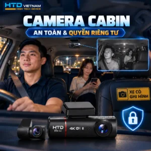 Camera cabin ô tô HTD C26-3M minh họa ghi hình bên trong xe vào ban đêm, kết hợp thông báo ghi hình và bảo vệ quyền riêng tư hành khách.
