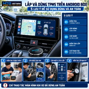 Hướng dẫn lắp và sử dụng cảm biến áp suất lốp TPMS trên Android Box HTD, gồm kiểm tra tương thích, lắp van, cập nhật vị trí cảm biến và kiểm tra lốp định kỳ