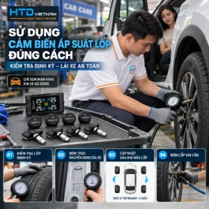 Kỹ thuật viên HTD kiểm tra áp suất lốp ô tô, hướng dẫn kiểm tra lốp định kỳ, bơm theo khuyến nghị, cập nhật cảm biến sau khi đảo lốp và bơm lốp khi cần