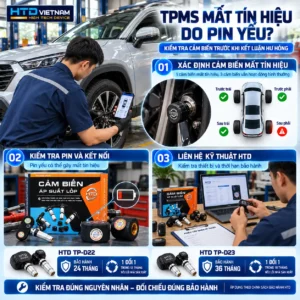 Cảm biến TPMS mất tín hiệu có thể do pin yếu, lỗi kết nối hoặc cảm biến gặp sự cố. Cần kiểm tra đúng nguyên nhân và chính sách bảo hành HTD trước khi thay thế.