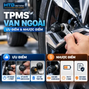 Ưu nhược điểm cảm biến áp suất lốp TPMS van ngoài HTD với cách lắp tại đầu van, đai ốc khóa chống trộm và khả năng thay pin
